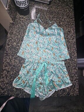 Victoria's Secret Teal Floral & Leopard Print Satin Cami Set Size XS